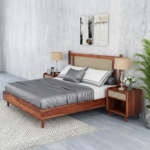 PRITI Wooden Cane King-Queen Size Bed Without Storage
