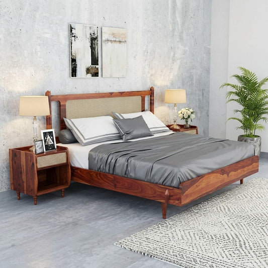 PRITI Wooden Cane King-Queen Size Bed Without Storage
