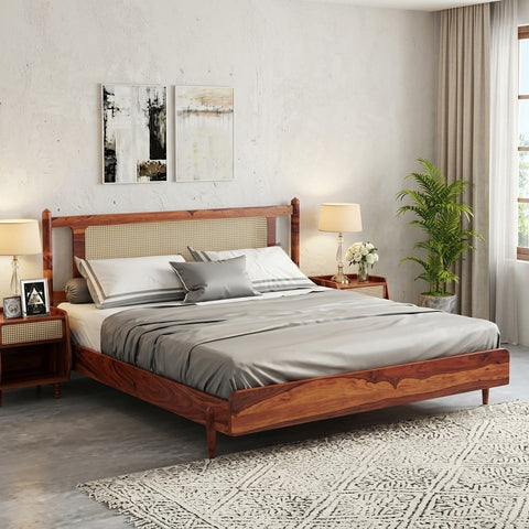 PRITI Wooden Cane King-Queen Size Bed Without Storage