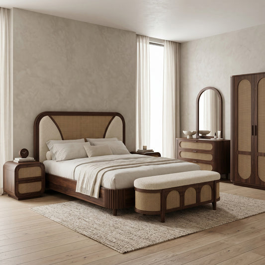 PRITI Solid Sheesham Wood Bedroom Set with Bed, Bedside Tables, Bench, Wardrobe & Dresser