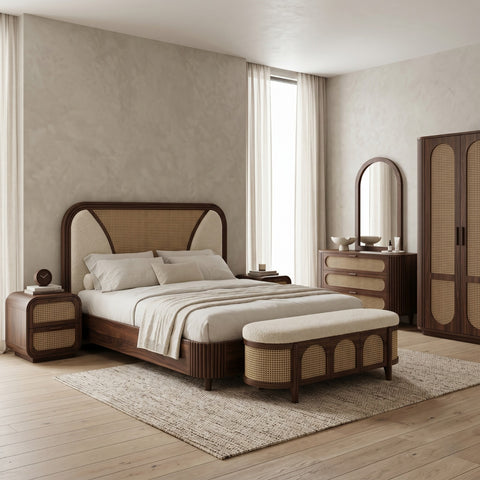 PRITI Solid Sheesham Wood Bedroom Set with Bed, Bedside Tables, Bench, Wardrobe & Dresser