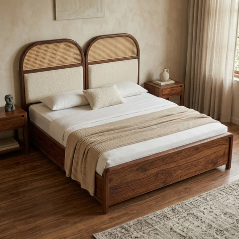 Priti Premium Sheesham Wood Bed with Velvet Headboard