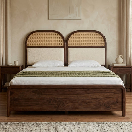 Priti Premium Sheesham Wood Bed with Velvet Headboard