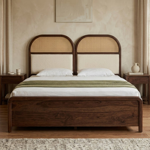 Priti Premium Sheesham Wood Bed with Velvet Headboard