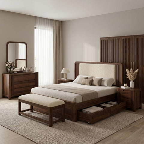 PRITI Solid Sheesham Wood Bedroom Set with Bed, Bedside Tables, Bench, Wardrobe & Dresser