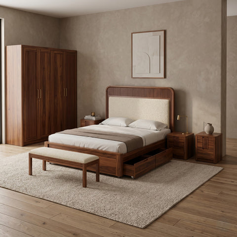 PRITI Solid Sheesham Wood Bedroom Set with Bed, Bedside Tables, Bench, Wardrobe & Dresser