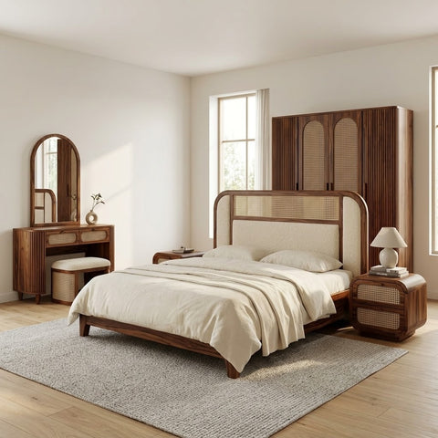 PRITI Solid Sheesham Wood Bedroom Set with Bed, Bedside Tables, Bench, Wardrobe & Dresser