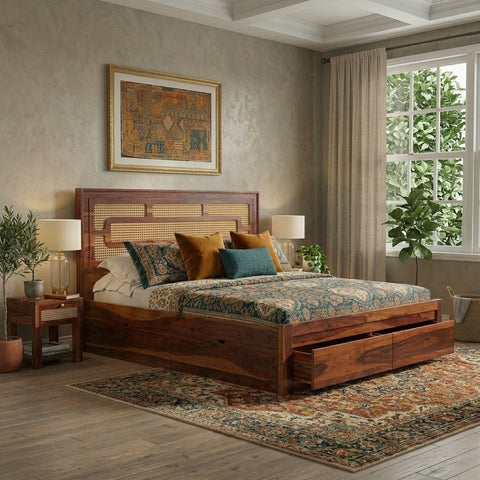 PRITI Wooden Cane King/Queen Size Bed