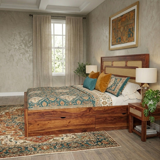PRITI Wooden Cane King/Queen Size Bed