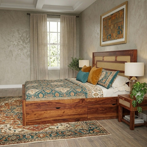 PRITI Wooden Cane King/Queen Size Bed
