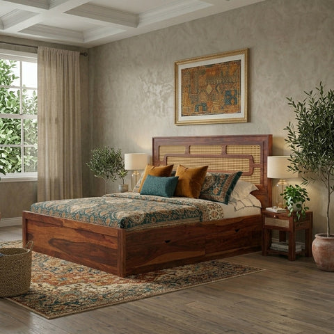 PRITI Wooden Cane King/Queen Size Bed