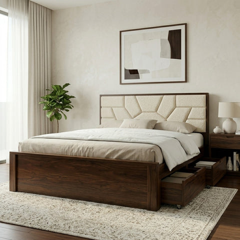 PRITI Premium Sheesham Wood Bed with Fabric Headboard