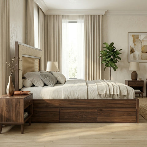Priti Premium Sheesham Wood Bed with Cane and Fabric Headboard