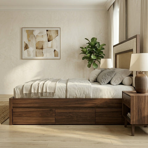 Priti Premium Sheesham Wood Bed with Cane and Fabric Headboard
