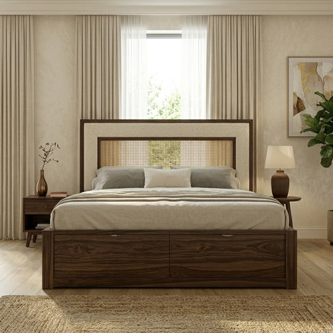 Priti Premium Sheesham Wood Bed with Cane and Fabric Headboard