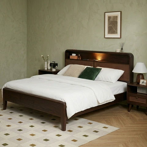PRITI Solid Wood Bed without Storage | Cane Weaving Headboard