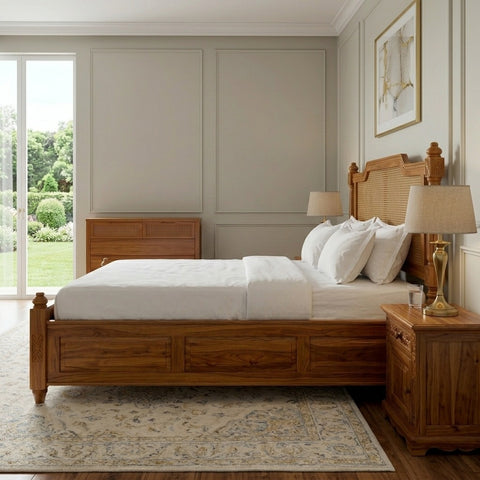 PRITI Wood Premium Sheesham Wood Bed with Cane Backrest | Honey Teak Finish