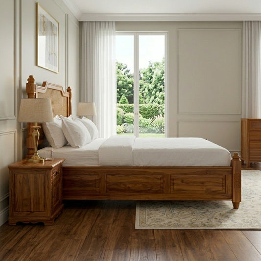 PRITI Wood Premium Sheesham Wood Bed with Cane Backrest | Honey Teak Finish