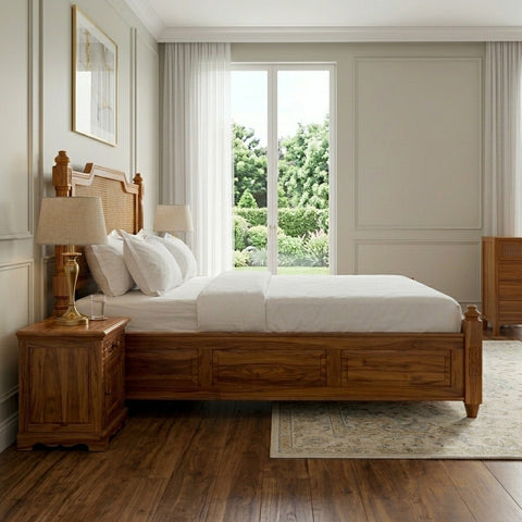 PRITI Wood Premium Sheesham Wood Bed with Cane Backrest | Honey Teak Finish