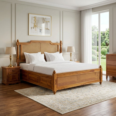 PRITI Wood Premium Sheesham Wood Bed with Cane Backrest | Honey Teak Finish