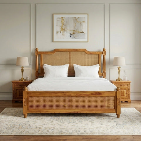 PRITI Wood Premium Sheesham Wood Bed with Cane Backrest | Honey Teak Finish