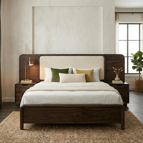 PRITI Sheesham Wood Bed with Velvet Headboard