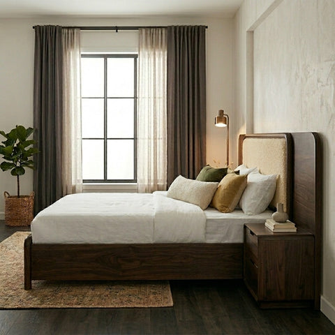 PRITI Sheesham Wood Bed with Velvet Headboard