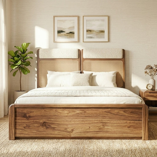 PRITI Sheesham Wood Bed with Velvet Headboard