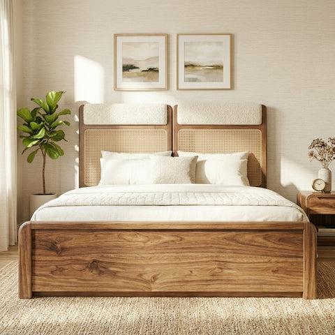 PRITI Sheesham Wood Bed with Velvet Headboard