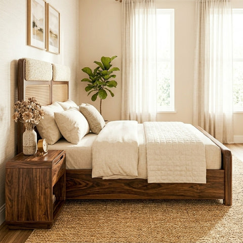 PRITI Sheesham Wood Bed with Velvet Headboard
