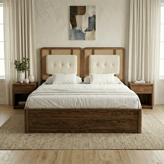 PRITI Premium Sheesham Wood Bed with Velvet Headboard
