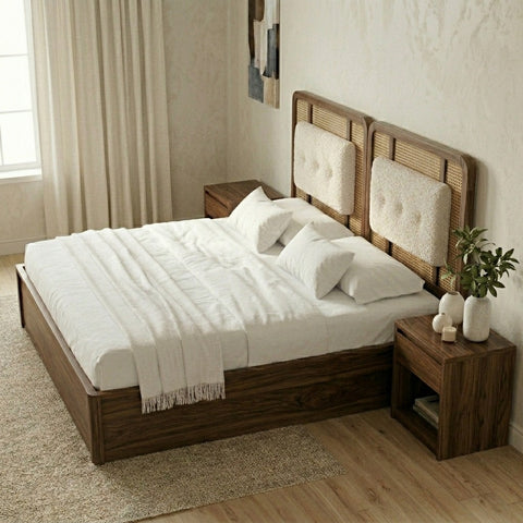 PRITI Premium Sheesham Wood Bed with Velvet Headboard