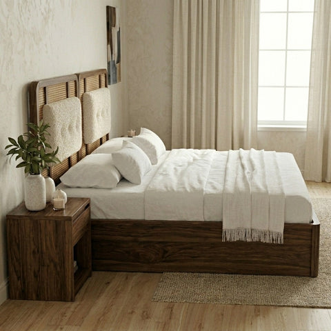 PRITI Premium Sheesham Wood Bed with Velvet Headboard