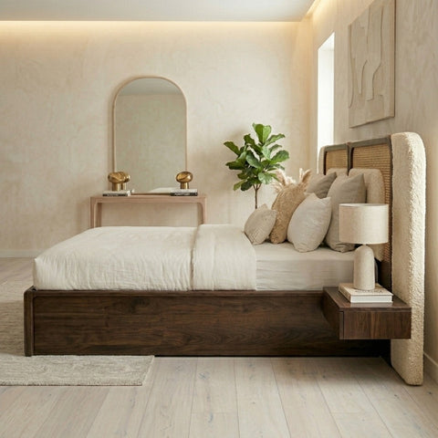 PRITI Sheesham Wood Bed with Velvet Headboard