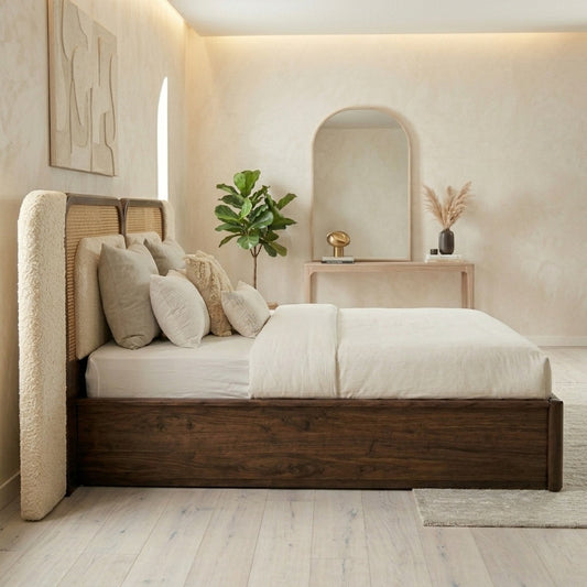 PRITI Sheesham Wood Bed with Velvet Headboard