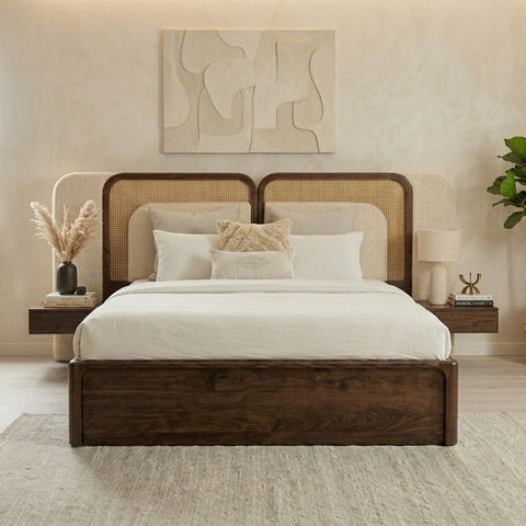 PRITI Sheesham Wood Bed with Velvet Headboard