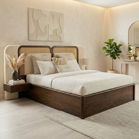 PRITI Sheesham Wood Bed with Velvet Headboard