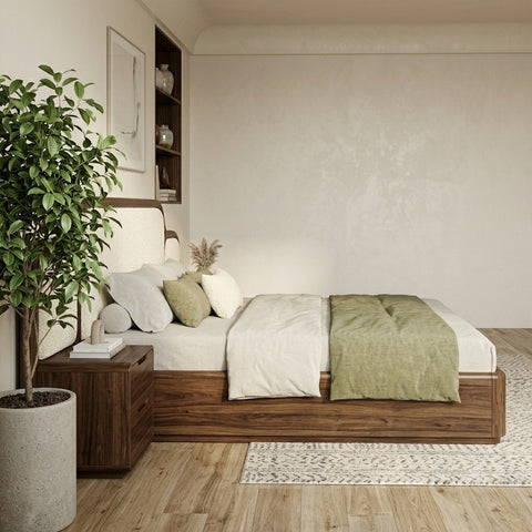 PRITI Premium Sheesham Wood Bed with Velvet Headboard
