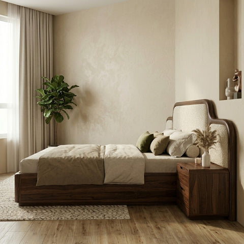 PRITI Premium Sheesham Wood Bed with Velvet Headboard