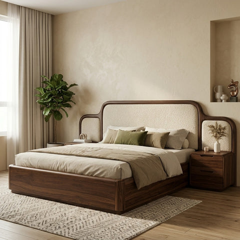PRITI Premium Sheesham Wood Bed with Velvet Headboard