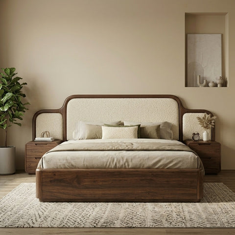 PRITI Premium Sheesham Wood Bed with Velvet Headboard