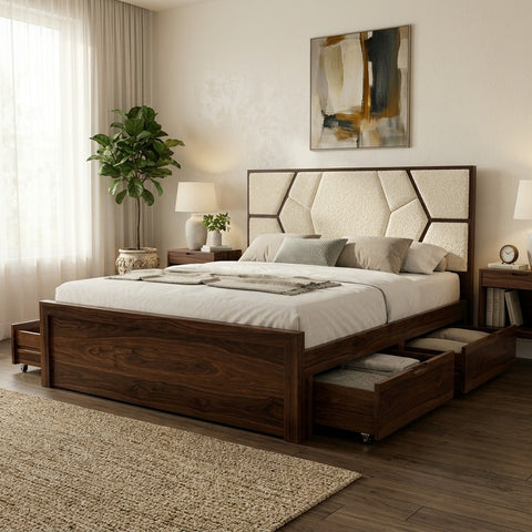 PRITI Premium Sheesham Wood Bed with Fabric Headboard