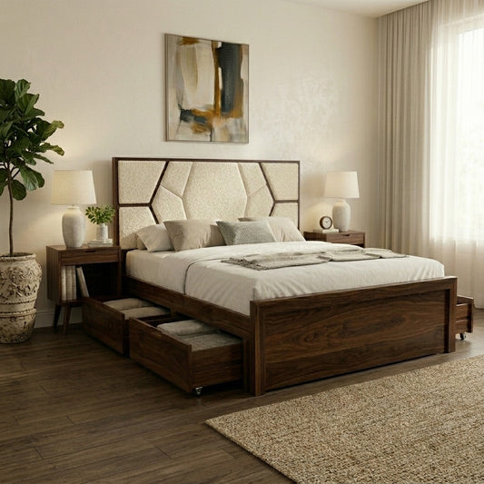 PRITI Premium Sheesham Wood Bed with Fabric Headboard