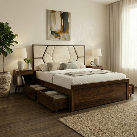 PRITI Premium Sheesham Wood Bed with Fabric Headboard