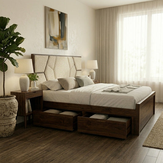 PRITI Premium Sheesham Wood Bed with Fabric Headboard