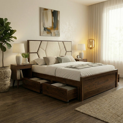 PRITI Premium Sheesham Wood Bed with Fabric Headboard