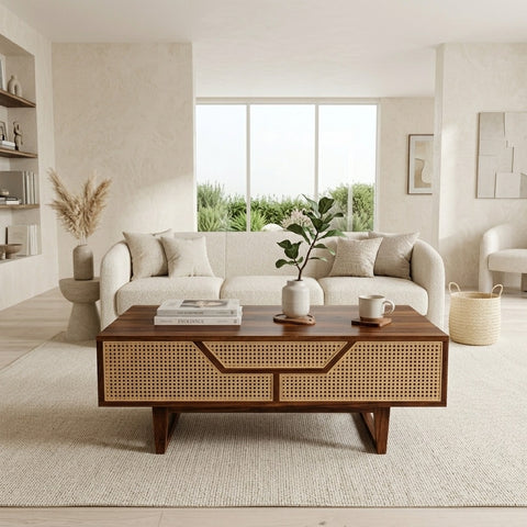 PRITI Sheesham Wood & Cane Coffee Table for Living Room – Walnut Finish