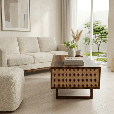 PRITI Sheesham Wood & Cane Coffee Table for Living Room – Walnut Finish