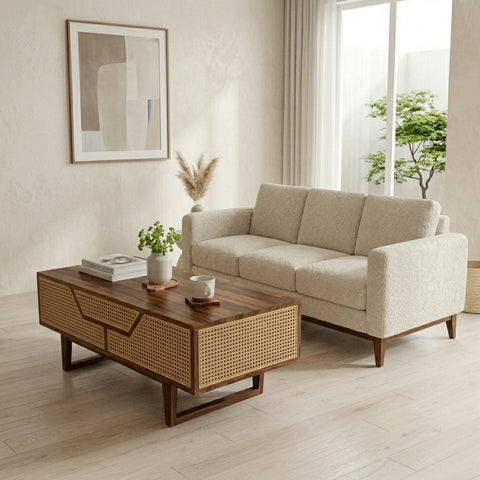 PRITI Sheesham Wood & Cane Coffee Table for Living Room – Walnut Finish