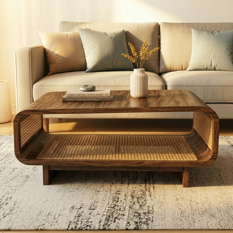 PRITI Sheesham Wood & Cane Coffee Table for Living Room – Walnut Finish